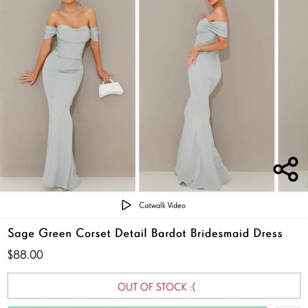 Sage green corset detail bardot bridesmaid dress. BRAND NEW. Size US 6